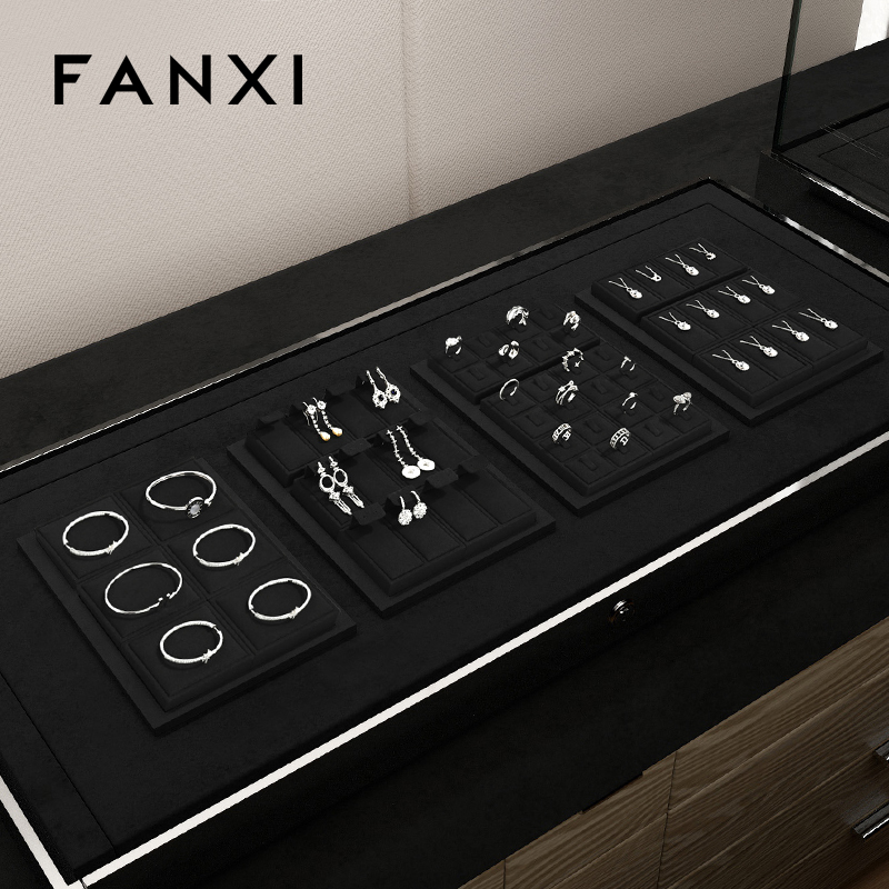 FANXI P158 Custom Luxury Black Microfiber Jewelry Tray Stackable Bracelet Necklace Ring Display Tray For Jewelry Showcase