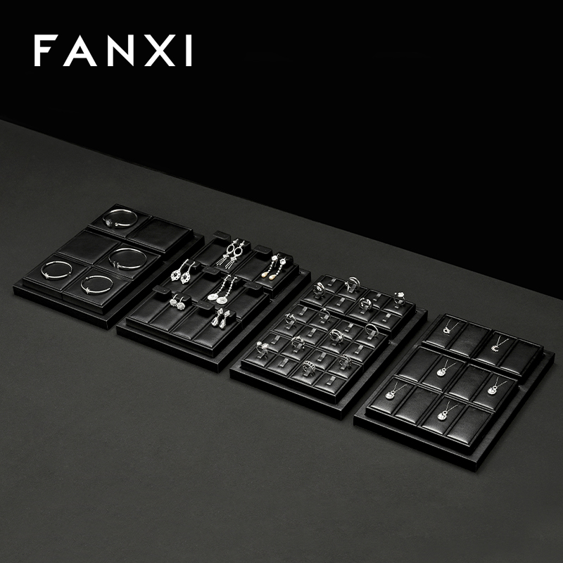 FANXI Custom Luxury Black Leather Jewelry Tray Stackable Bracelet Necklace Ring Display Tray For Jewelry Showcase