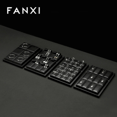 FANXI Custom Luxury Black Leather Jewelry Tray Stackable Bracelet Necklace Ring Display Tray For Jewelry Showcase