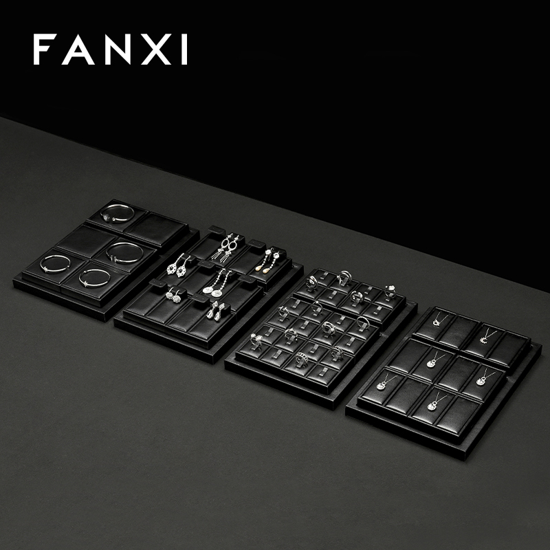 FANXI Custom Luxury Black Leather Jewelry Tray Stackable Bracelet Necklace Ring Display Tray For Jewelry Showcase