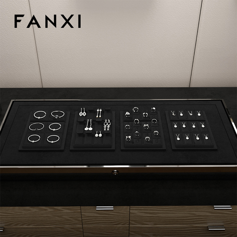FANXI P158 Custom Luxury Black Microfiber Jewelry Tray Stackable Bracelet Necklace Ring Display Tray For Jewelry Showcase
