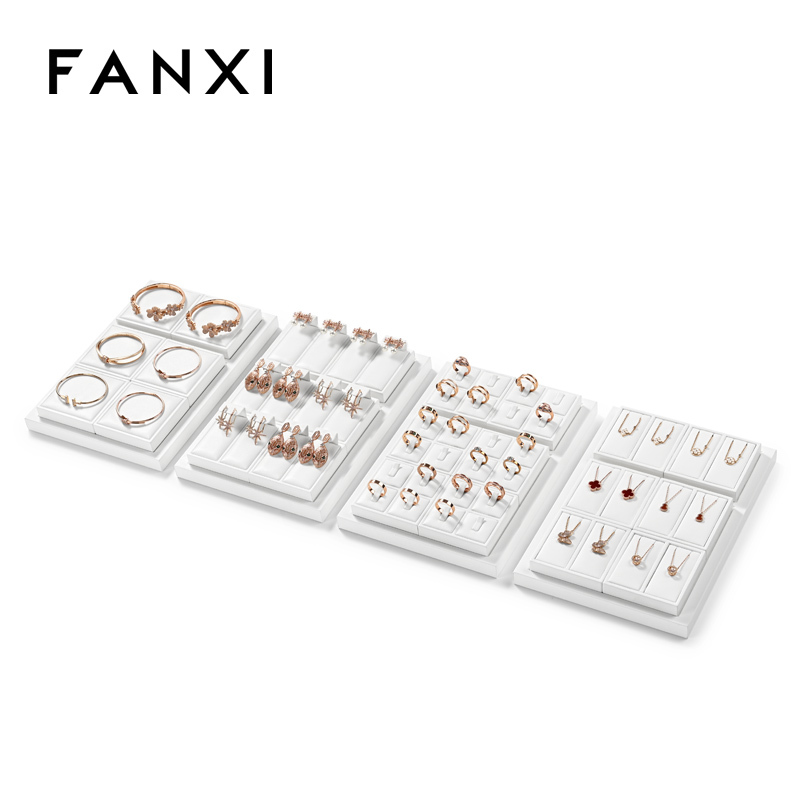 FANXI P157 Custom Luxury Black Leather Jewelry Tray Stackable Bracelet Necklace Ring Display Tray For Jewelry Showcase