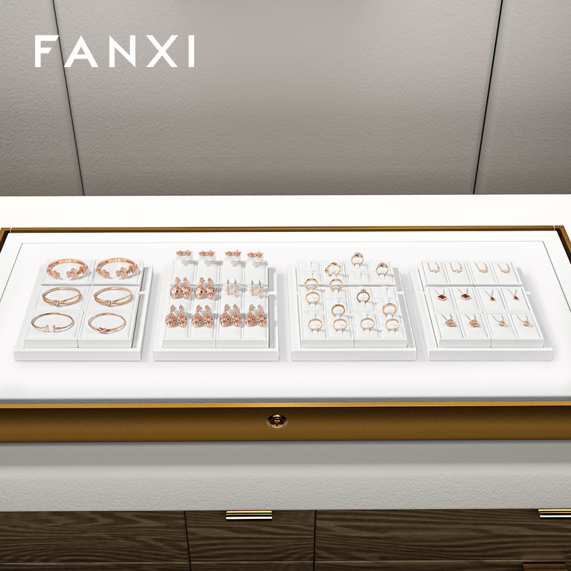 FANXI P157 Custom Luxury Black Leather Jewelry Tray Stackable Bracelet Necklace Ring Display Tray For Jewelry Showcase
