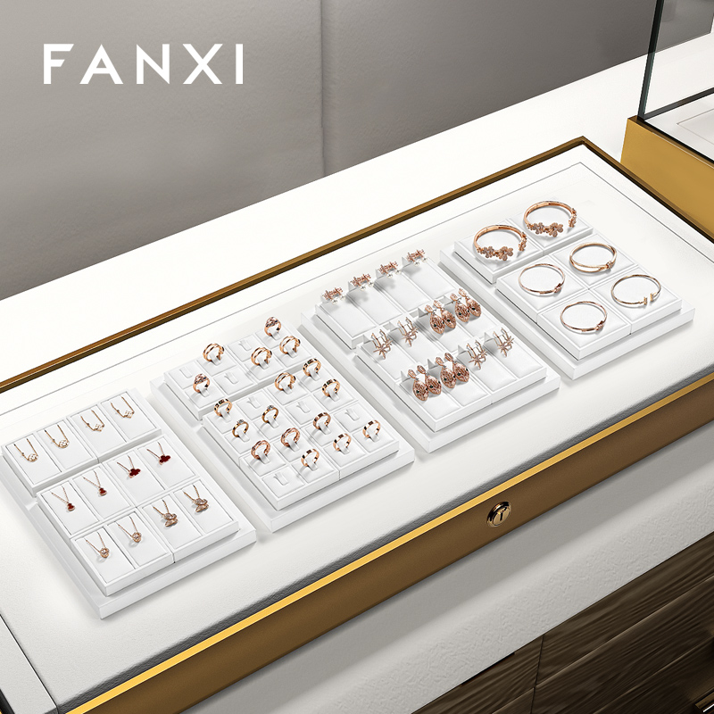 FANXI P157 Custom Luxury Black Leather Jewelry Tray Stackable Bracelet Necklace Ring Display Tray For Jewelry Showcase