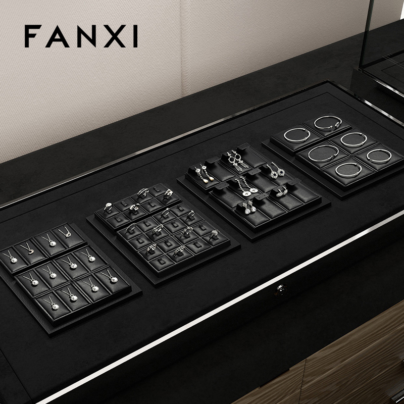 FANXI Custom Luxury Black Leather Jewelry Tray Stackable Bracelet Necklace Ring Display Tray For Jewelry Showcase
