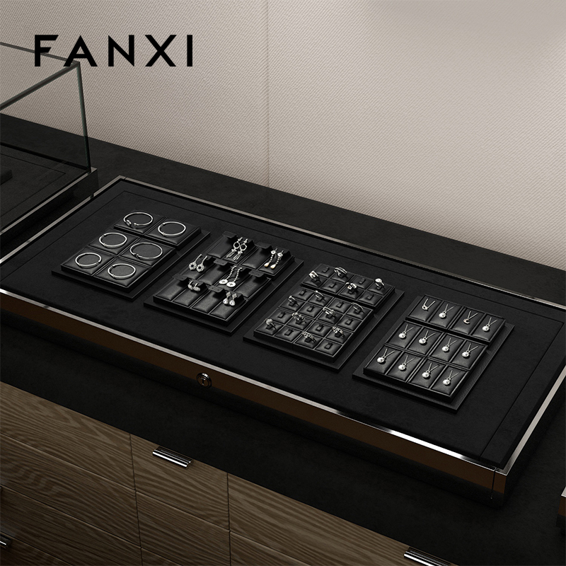 FANXI Custom Luxury Black Leather Jewelry Tray Stackable Bracelet Necklace Ring Display Tray For Jewelry Showcase