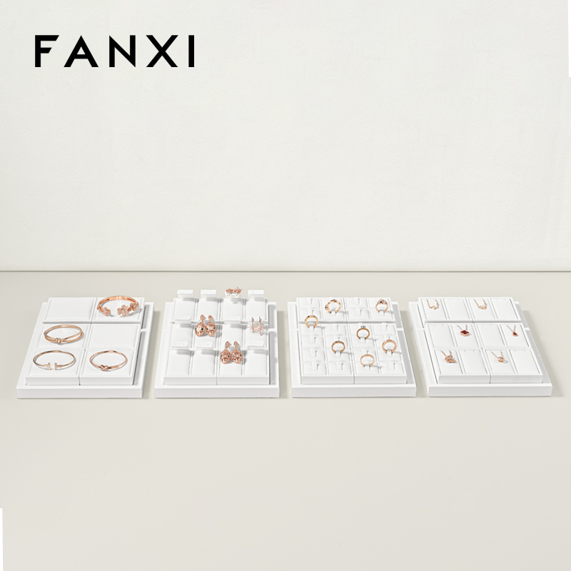 FANXI P157 Custom Luxury Black Leather Jewelry Tray Stackable Bracelet Necklace Ring Display Tray For Jewelry Showcase