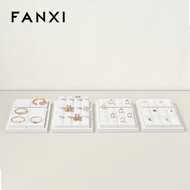 FANXI P157 Custom Luxury Black Leather Jewelry Tray Stackable Bracelet Necklace Ring Display Tray For Jewelry Showcase