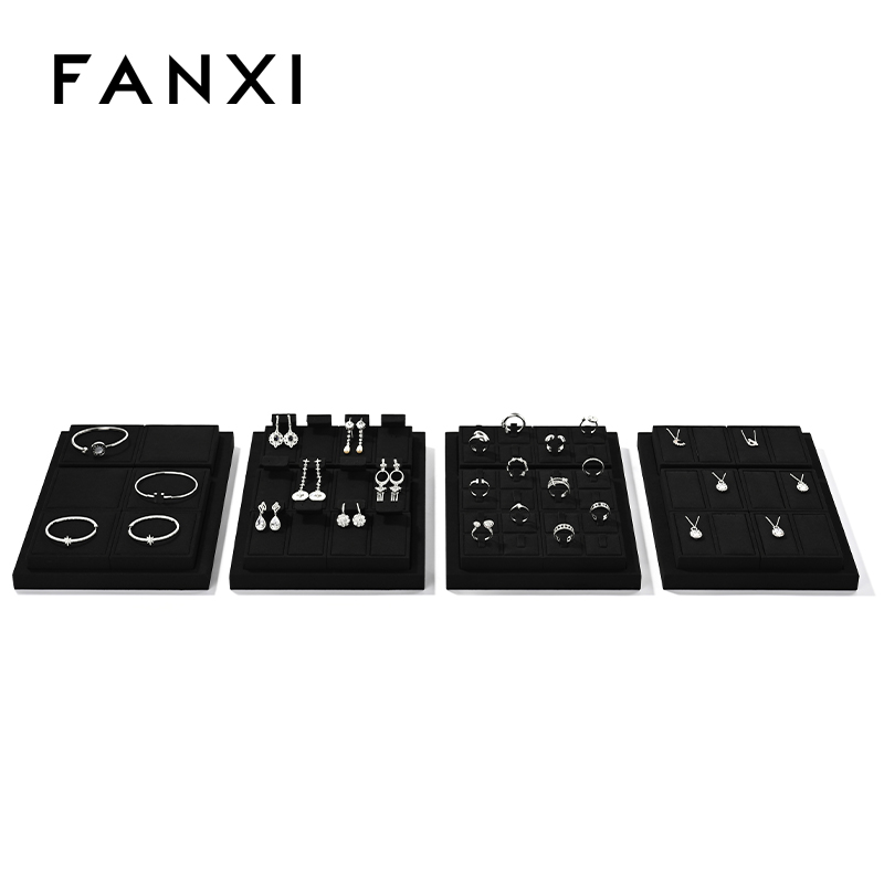 FANXI P158 Custom Luxury Black Microfiber Jewelry Tray Stackable Bracelet Necklace Ring Display Tray For Jewelry Showcase