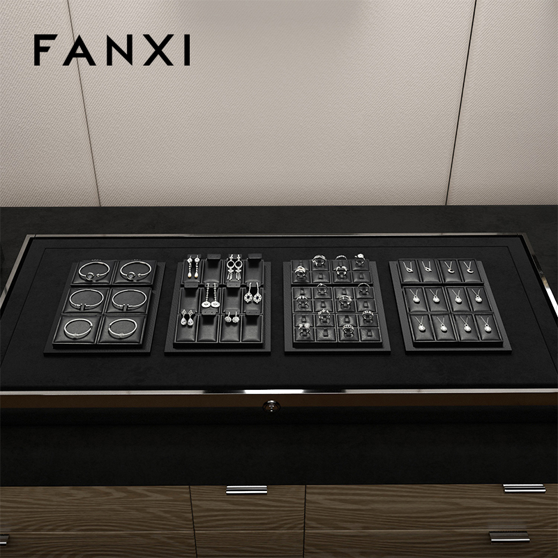 FANXI Custom Luxury Black Leather Jewelry Tray Stackable Bracelet Necklace Ring Display Tray For Jewelry Showcase