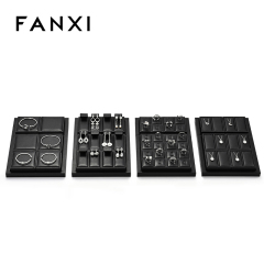 FANXI Custom Luxury Black Leather Jewelry Tray Stackable Bracelet Necklace Ring Display Tray For Jewelry Showcase