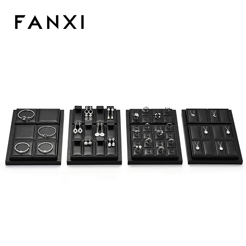 FANXI Custom Luxury Black Leather Jewelry Tray Stackable Bracelet Necklace Ring Display Tray For Jewelry Showcase