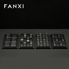 FANXI Custom Luxury Black Leather Jewelry Tray Stackable Bracelet Necklace Ring Display Tray For Jewelry Showcase