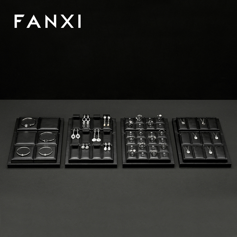 FANXI Custom Luxury Black Leather Jewelry Tray Stackable Bracelet Necklace Ring Display Tray For Jewelry Showcase