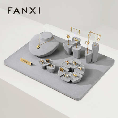 FANXI New Standing Jewelry Display Set Luxury Showcase Tray gray Display Jewelry Necklace Display