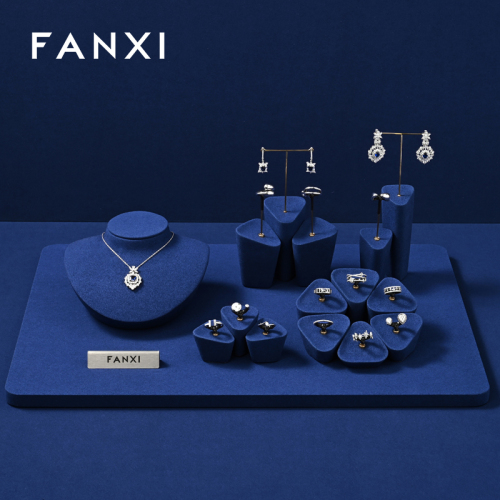 FANXI BLue Microfiber jewellery store counter display props necklace earring ring jewelry display stand wholesale jewelry tray