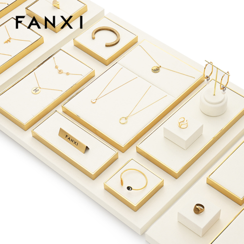 FANXI TT194 Beige luxury jewelry tray display set customized showcase display stand for jewelry store counter
