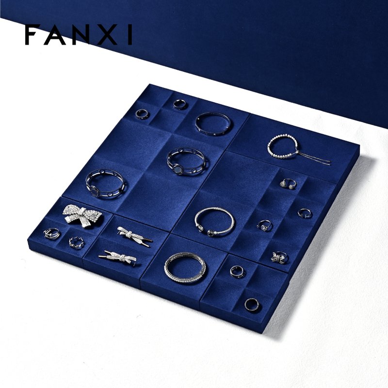 FANXI custom blue jewellery service tray for ring earrings necklace bracelet micofiber Jewelry Exhibitor tray