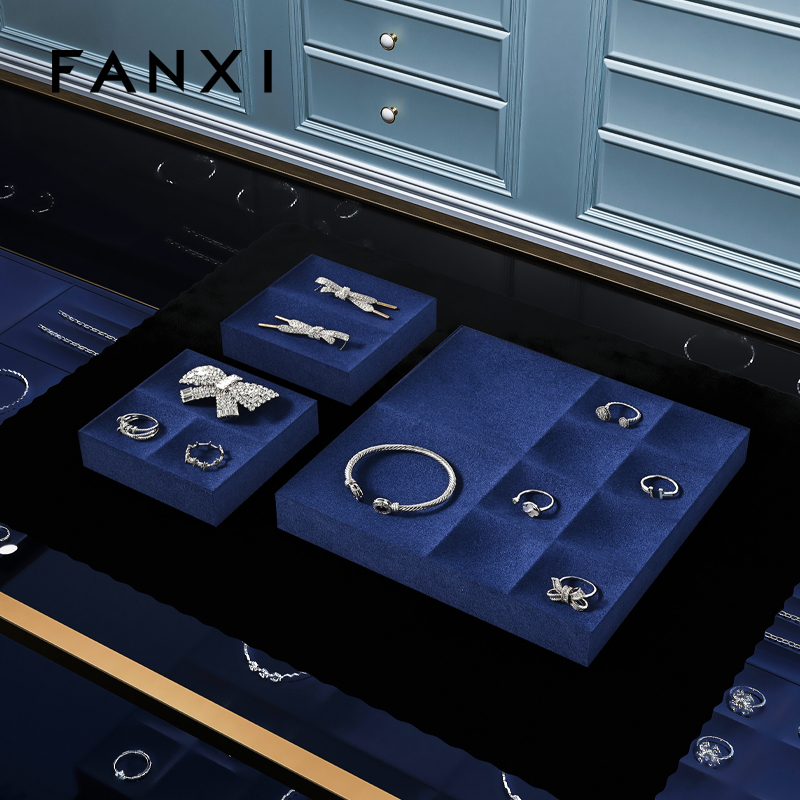 FANXI custom blue jewellery service tray for ring earrings necklace bracelet micofiber Jewelry Exhibitor tray