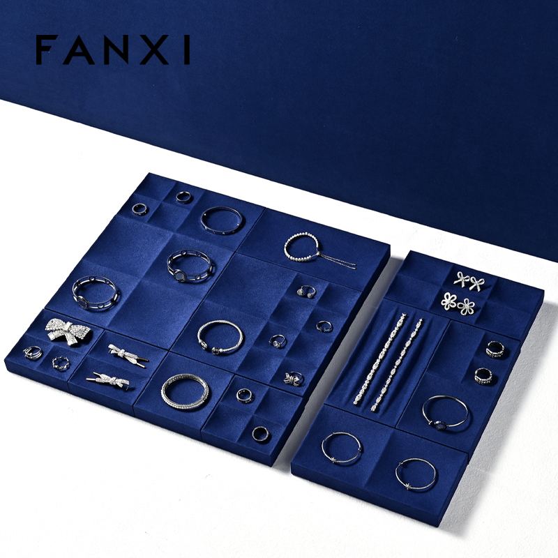 FANXI custom blue jewellery service tray for ring earrings necklace bracelet micofiber Jewelry Exhibitor tray
