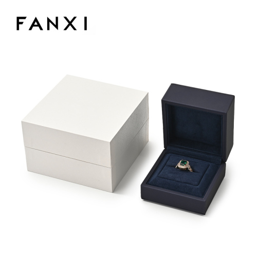 FANXI Custom Logo Top Quality Blue PU Leather Suede Insert Boxes Ring Necklace Bracelet Gift Packaging Plastic Jewelry Box