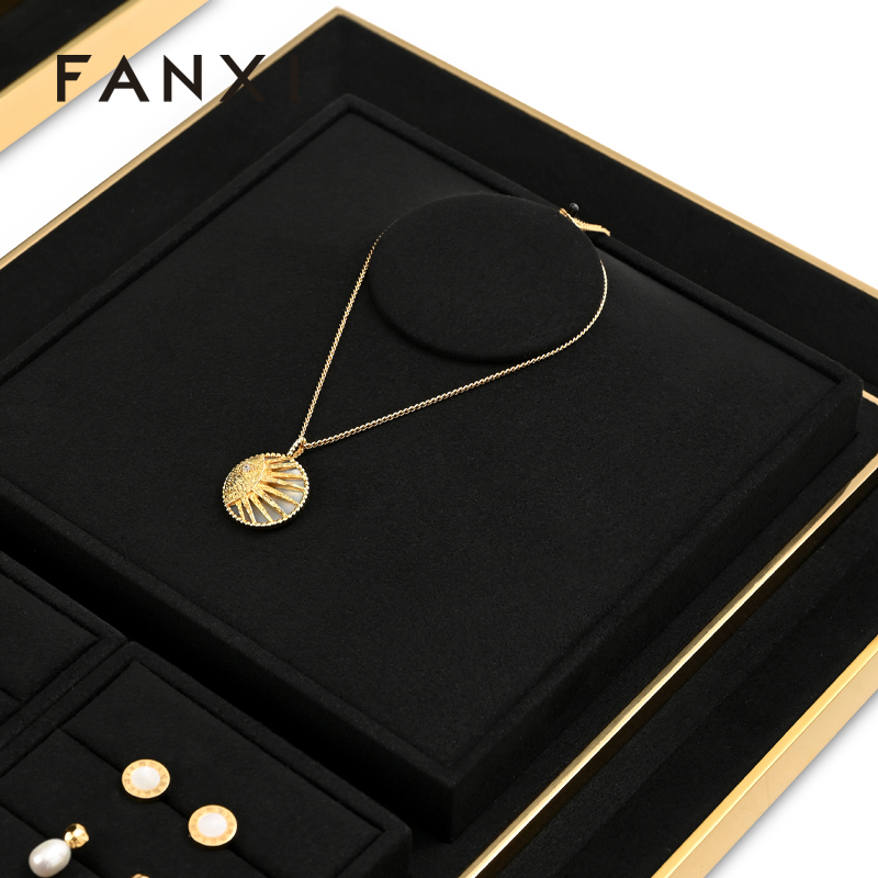 FANXI New arrival accept custom microfiber MDF jewelry display tray necklace rings display trays for jewelry showcase