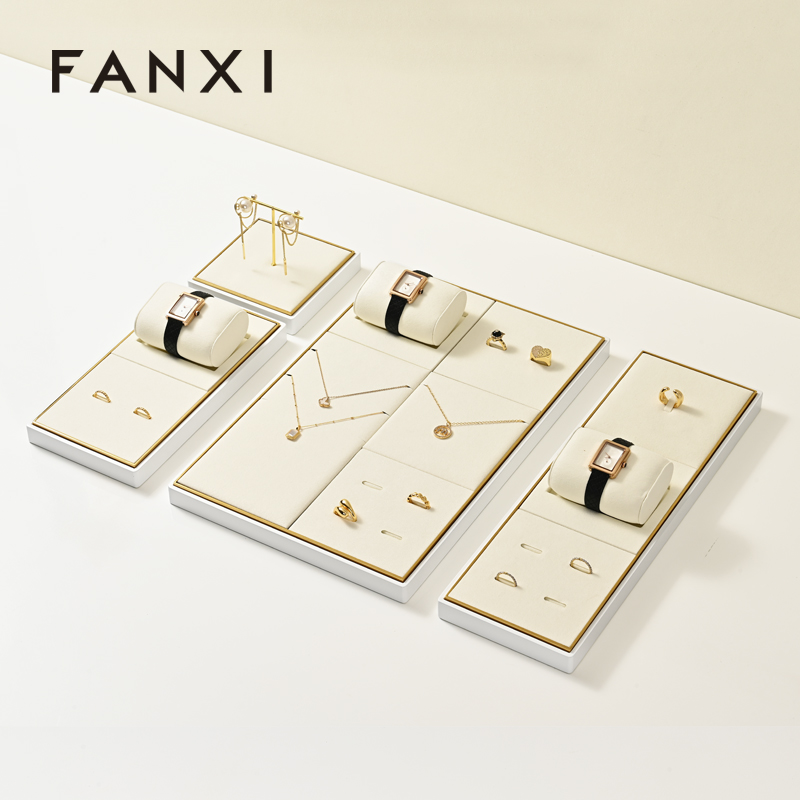 FANXI JS122 Fashion jewelry displays for store luxury Microfiber jewelry display props custom metal jewelry stand display set