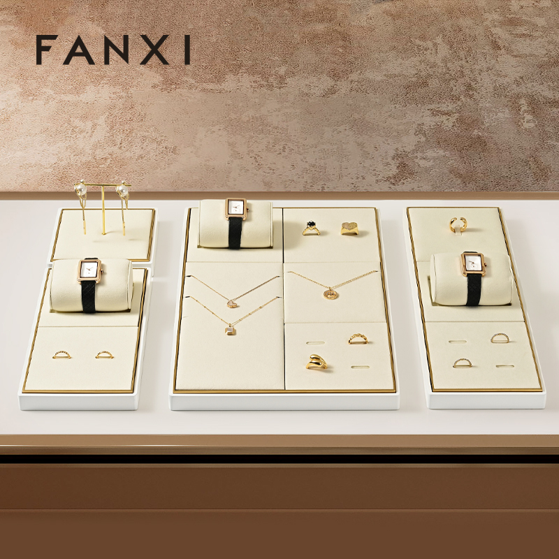 FANXI JS122 Fashion jewelry displays for store luxury Microfiber jewelry display props custom metal jewelry stand display set