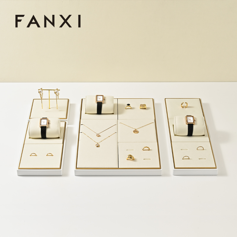 FANXI JS122 Fashion jewelry displays for store luxury Microfiber jewelry display props custom metal jewelry stand display set