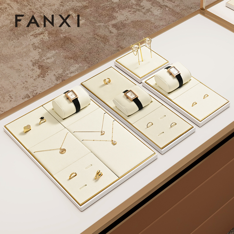FANXI JS122 Fashion jewelry displays for store luxury Microfiber jewelry display props custom metal jewelry stand display set