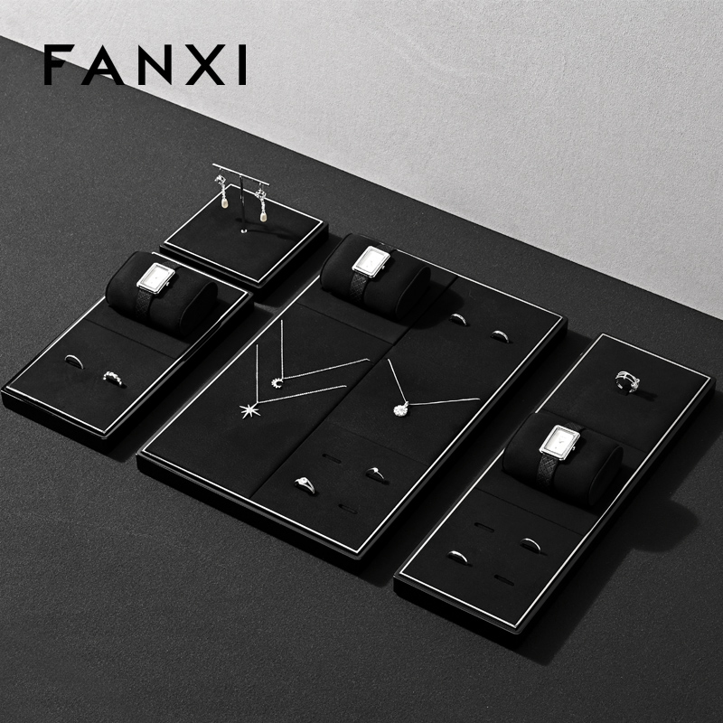 FANXI JS123 Fashion jewelry displays for store luxury Microfiber jewelry display props custom metal jewelry stand display set
