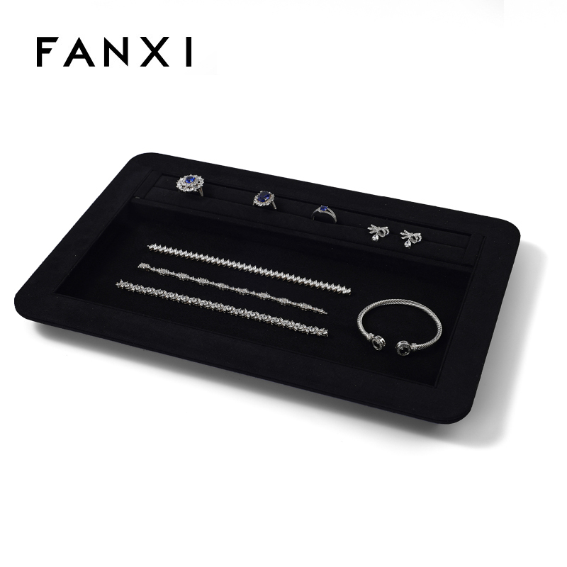 FANXI China Custom New BLACK PU Leather Jewelry Displays For Ring Earrings Bracelet Microfiber Jewelry Display Trays