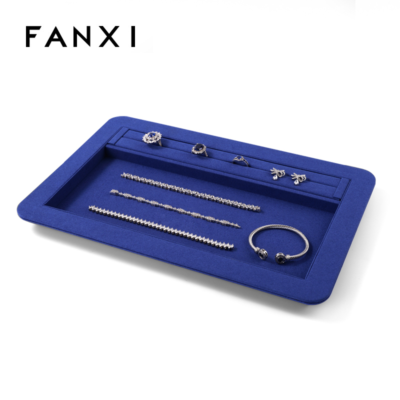 FANXI China Custom New Blue PU Leather Jewelry Displays For Ring Earrings Bracelet Microfiber Jewelry Display Trays