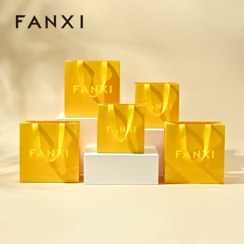 FANXI D071 Yellow Paper Bags with Logo Custom Printed Jewelry Gift Shopping Bags with Handle