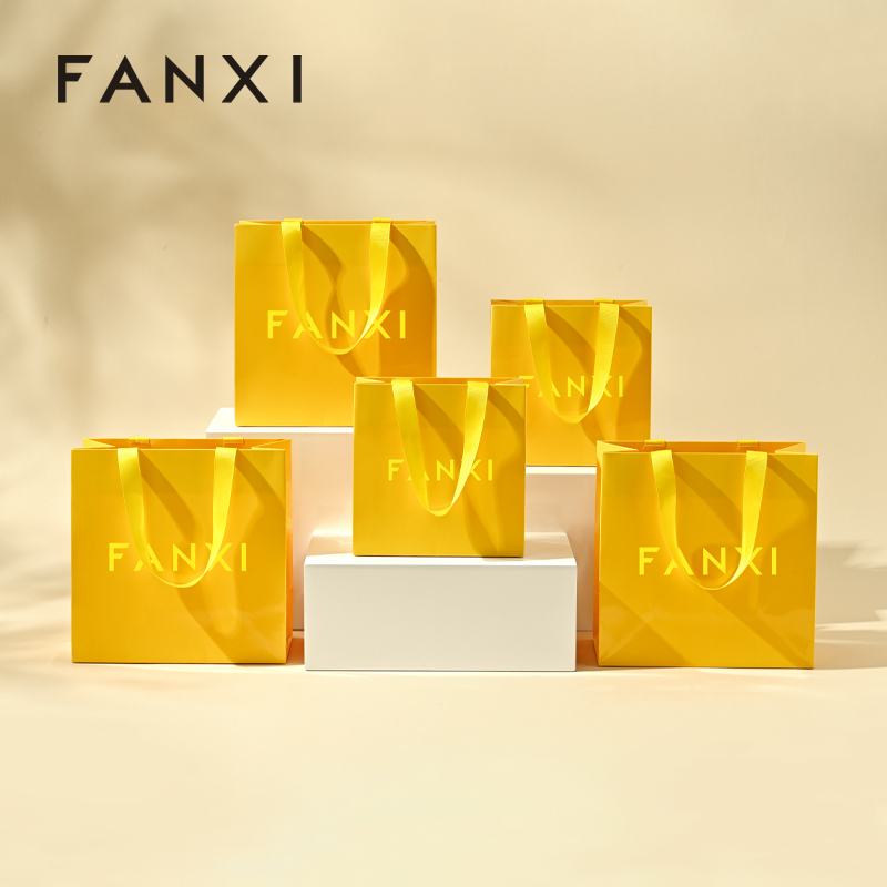 FANXI D071 Yellow Paper Bags with Logo Custom Printed Jewelry Gift Shopping Bags with Handle