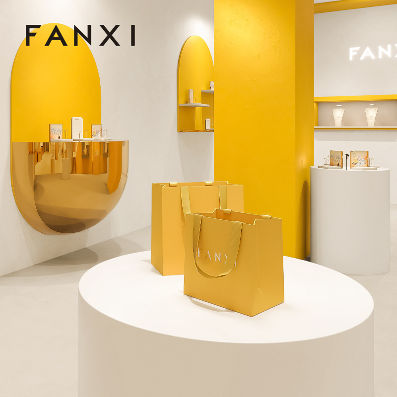 FANXI D071 Yellow Paper Bags with Logo Custom Printed Jewelry Gift Shopping Bags with Handle