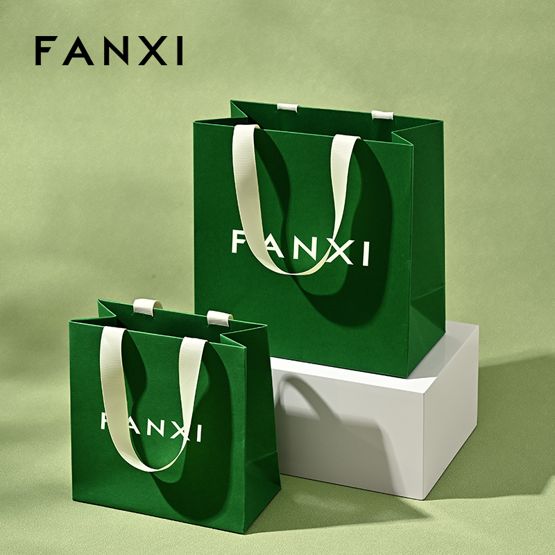 FANXI D068 High Quality Green Paper Bag Custom Logo Printed Luxury Paper Gift Shopping Jewelry Packaging Paper Bags with Handles