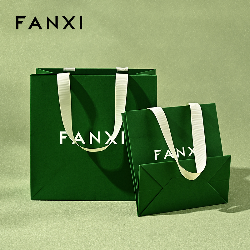 FANXI D068 High Quality Green Paper Bag Custom Logo Printed Luxury Paper Gift Shopping Jewelry Packaging Paper Bags with Handles