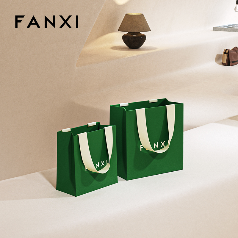 FANXI D068 High Quality Green Paper Bag Custom Logo Printed Luxury Paper Gift Shopping Jewelry Packaging Paper Bags with Handles