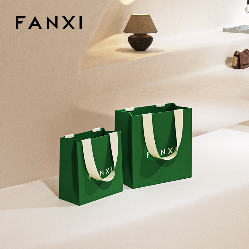 FANXI D068 High Quality Green Paper Bag Custom Logo Printed Luxury Paper Gift Shopping Jewelry Packaging Paper Bags with Handles