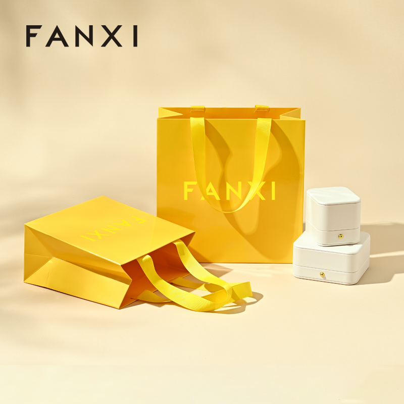 FANXI D071 Yellow Paper Bags with Logo Custom Printed Jewelry Gift Shopping Bags with Handle