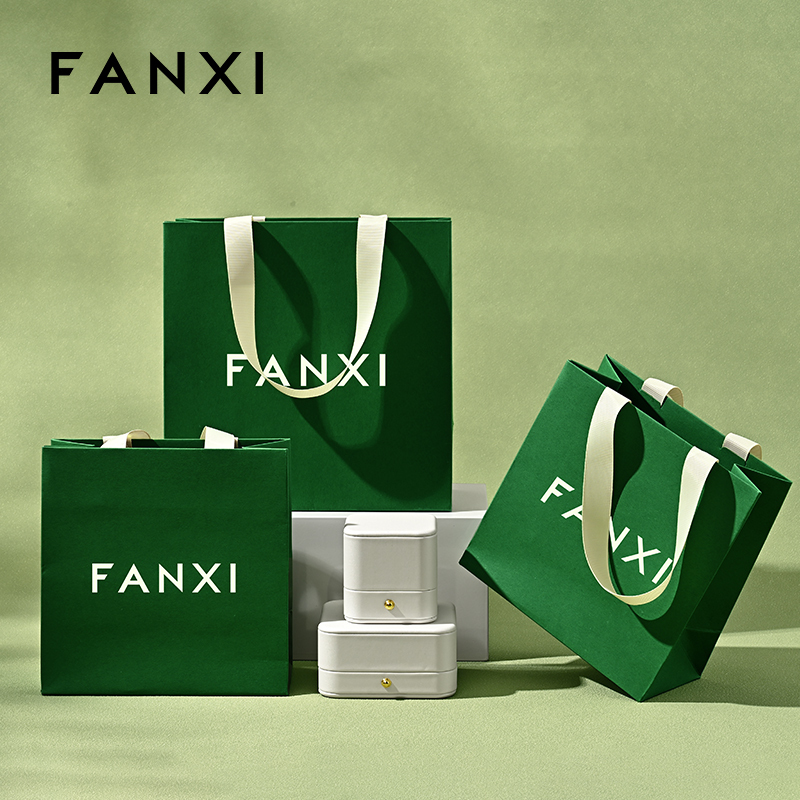 FANXI D068 High Quality Green Paper Bag Custom Logo Printed Luxury Paper Gift Shopping Jewelry Packaging Paper Bags with Handles