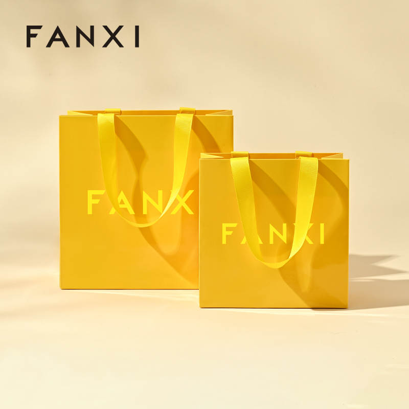 FANXI D071 Yellow Paper Bags with Logo Custom Printed Jewelry Gift Shopping Bags with Handle