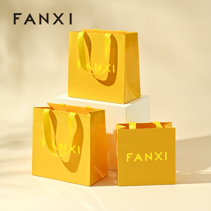 FANXI D071 Yellow Paper Bags with Logo Custom Printed Jewelry Gift Shopping Bags with Handle