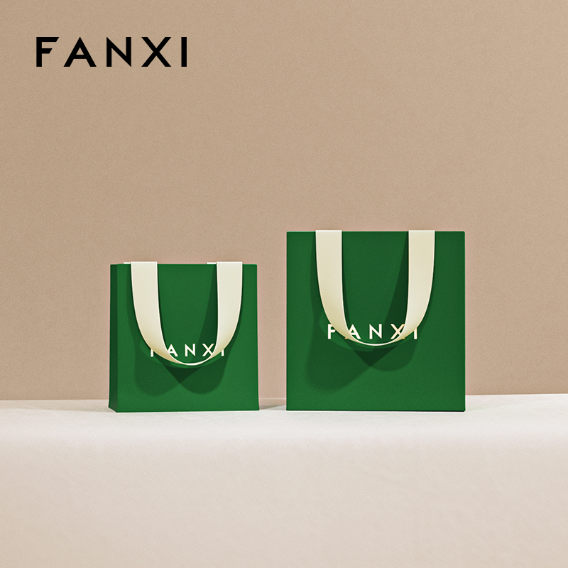 FANXI D068 High Quality Green Paper Bag Custom Logo Printed Luxury Paper Gift Shopping Jewelry Packaging Paper Bags with Handles