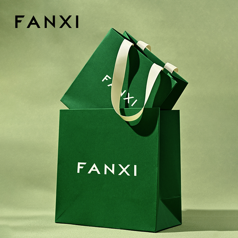 FANXI D068 High Quality Green Paper Bag Custom Logo Printed Luxury Paper Gift Shopping Jewelry Packaging Paper Bags with Handles