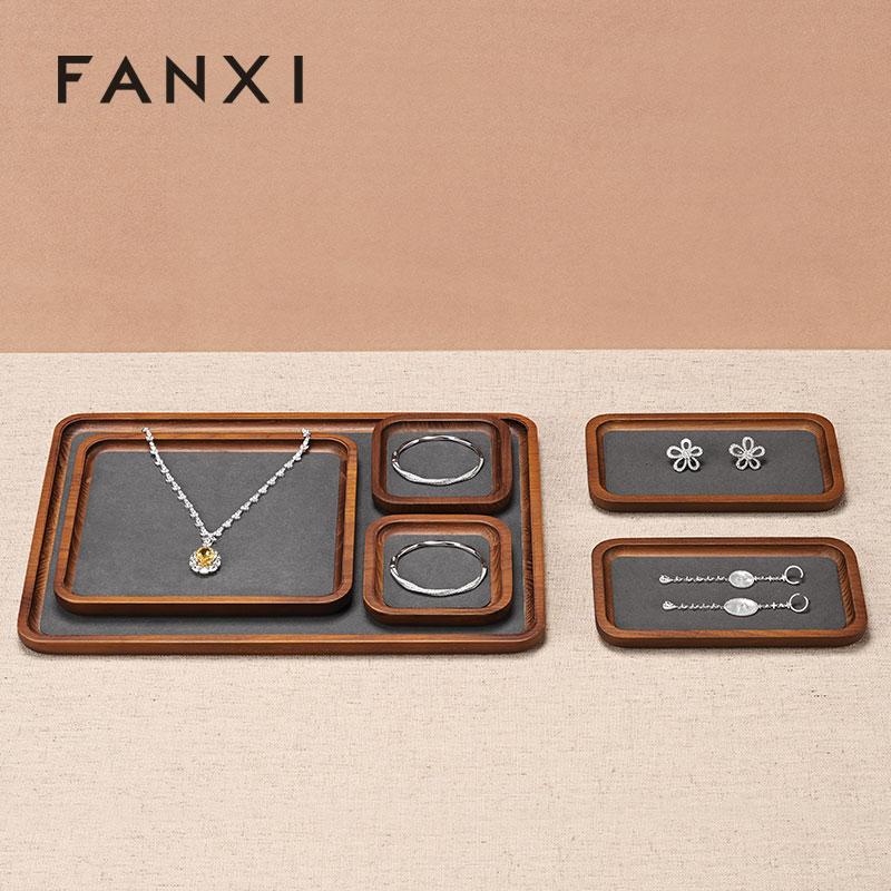 FANXI SM130 Microfiber Modern Jewelry Necklace Displayer Prop Wooden Displays Rack Stand Tray