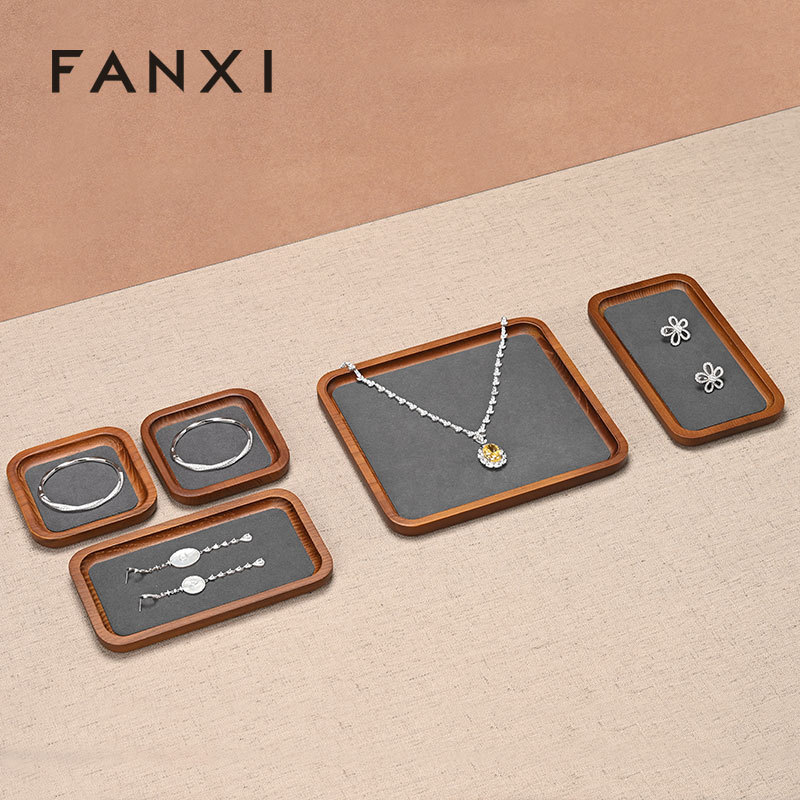 FANXI SM130 Microfiber Modern Jewelry Necklace Displayer Prop Wooden Displays Rack Stand Tray