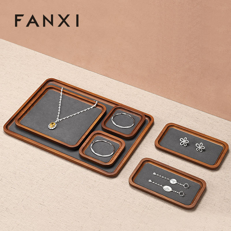 FANXI SM130 Microfiber Modern Jewelry Necklace Displayer Prop Wooden Displays Rack Stand Tray