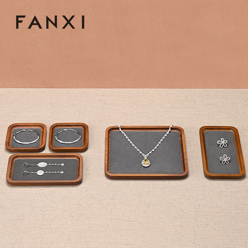 FANXI SM130 Microfiber Modern Jewelry Necklace Displayer Prop Wooden Displays Rack Stand Tray
